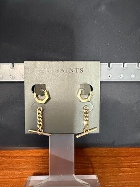AllSaints Gold Hexagon Stud and Chain Toggle Earrings